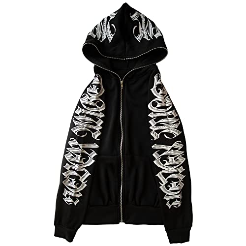 Women Zip Up Hoodie Y2k Letter Graphic Print Rhinestone Oversized Hoodies Gothic Jacket Vintage Streetwear