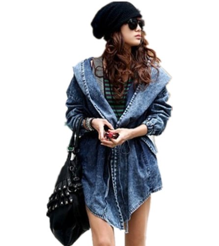 Women's Denim Trench Coat Hoodie Outerwear Hooded Jeans Coat Jacket,One Size