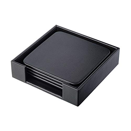 DACASSO Classic Leatherette Coaster Set - Luxury Black Leatherette Square Coasters with a Holder - Office Accessories & Executive Desk Decor - (Classic Black)