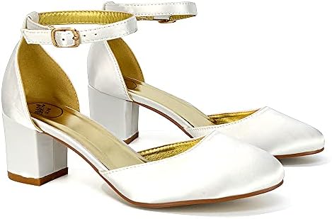 Womens Closed Toe Ankle Strap Comfort Block Low Heel Pumps Dress Party Evening Shoes (Ivory Satin, Numeric_9) | Image 4