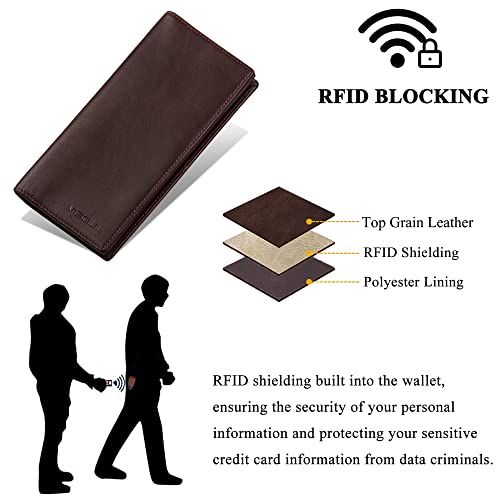 Image of VISOUL Leather Checkbook Cover Wallet for Men with RFID Blocking, Mens Long Bifold Cash Tall Wallet with 11 Credit Card Slots 1 ID Window (Coffee)