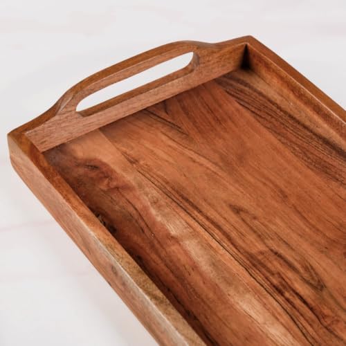 Image of Nestasia Wooden Serving Tray with Handles (36x20cm) - Acacia Wood Rectangular Brown Tray for Dining & Coffee Table | Platter for Serving Tea, Cakes, Snacks, Breakfast & Home Decor (Deep Brown)