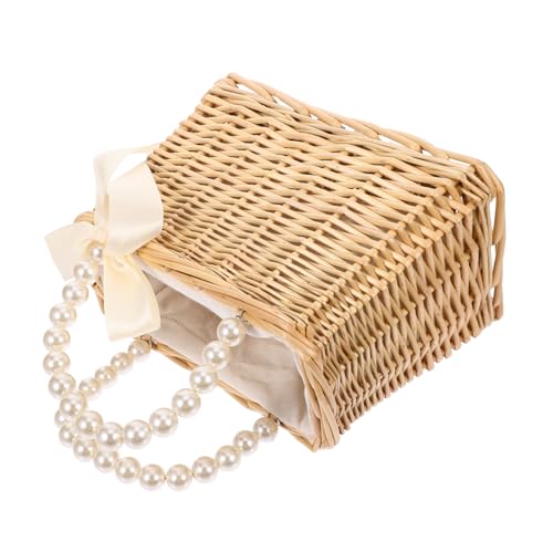 1pc Cute Women's Straw Pearl Bag Portable Tote Beach Bag Id Card Phone Storage Purse for Travel Shopping Vacation Photo Props