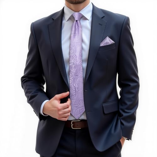 Image of DiBanGu Silk Zipper Ties for Men,Paisley Solid Plaid Pre-tied Tie and Pocket Square Cufflinks Set Formal Adjustable Necktie