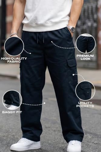 Image of Veirdo Pure Cotton Baggy Fit Regular Length Mid Rise 4 Pocket Cargos for Men (Colors: Black, Olive, Grey, Brown & Navy)