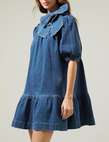 Women Summer Puff Short Sleeve Denim Dress Mock Neck Babydoll Jean Dress with Bow3