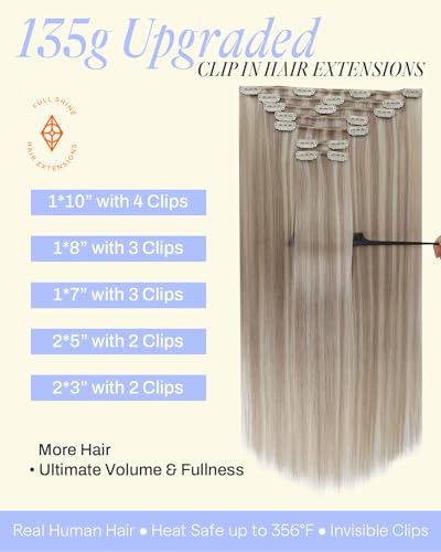 Image of Full Shine Clip in Hair Extensions Real Human Hair, 16 Inch 135g 7Pcs | Thick Hair Extensions for Women, Ash Blonde Highlighted Bleach Blonde Straight Remy Hair, Full Head Volume