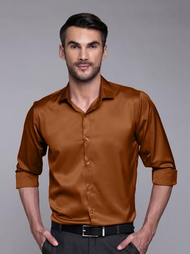Image of IndoPrimo Men's Satin Shirt with Spread Collar Neck Line Solid Pattern Full Sleeves Regular Fit Western Style and Standard Length