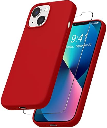 YATWIN Liquid Silicone Case Compatible for iPhone 13 with Tempered Glass Screen Protector, Slim Flexible Soft Full Body Shockproof Phone Case Compatible for iPhone 13 - Midnight Blue