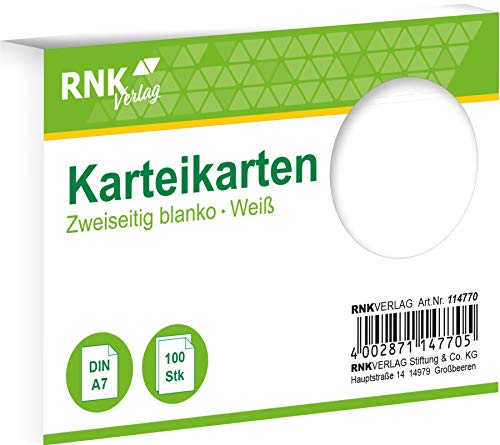 RNKVERLAG 114770 - Karteikarten blanko weiß, DIN A7, 1 Packung à 100 Karten