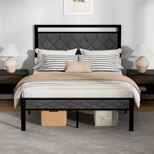 Z-hom Full Size Bed Frame, Full Bed Frame with Upholstered Headboard,Grey