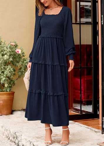 PRETTYGARDEN Fall Dresses for Women 2025 Long Sleeve Smocked Square Neck Swiss Dot Tiered Flowy Wedding Guest Maxi Dress