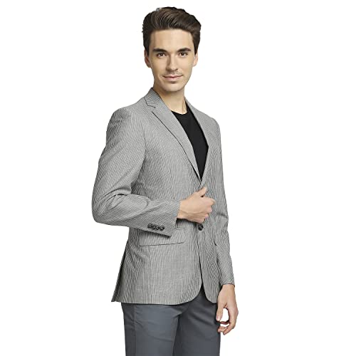 Image of Colorplus Men's Contemporary Fit Terry Rayon Blend Notch Collar Herringbone Pattern Full Sleeve Navy Casual Blazer