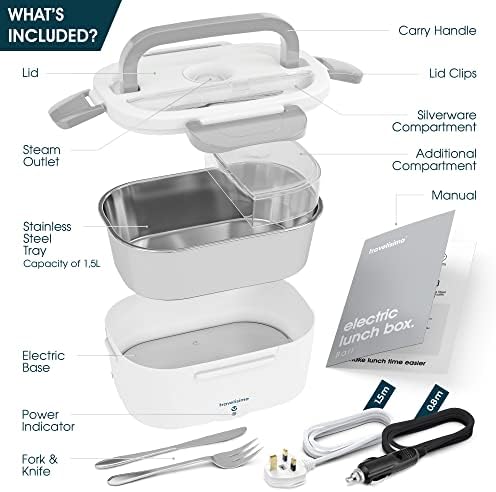 TRAVELISIMO Electric Lunch Box Food Heater UK Plug 3 in 1 60W - Portable Food Warmer for Car, Truck, Home and Work 12V+24V+230V - with 1.5L Removable Stainless Steel Food Heater Container