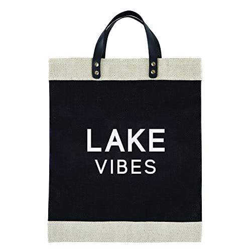 Santa Barbara Design Studio Hold Everything Reusable Farmers Market Jute Tote Bag with Leather Handles, Waterproof Lining, and Inside Pocket, 13" x 18", Lake Vibes