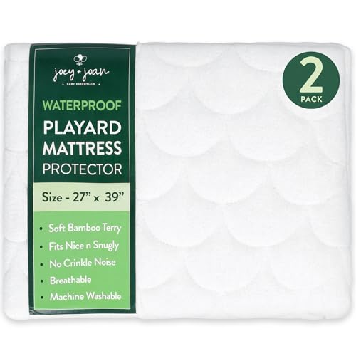 Joey + Joan Waterproof Pack and Play Mattress Pad Protector Cover – Compatible with Graco Pack n Play – 2 Pack Quilted Playard Sheets of Viscose Made from Bamboo – 27" x 39"