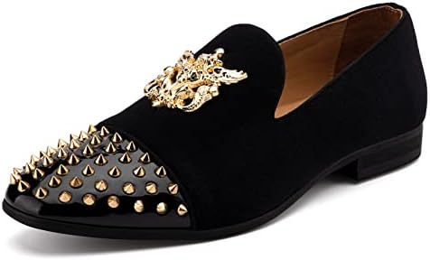 Meijiana Mens Velvet Black Loafers Dress Shoes with Metal Embellishments Party Luxury Loafer Shoes, Black-01, 12 US