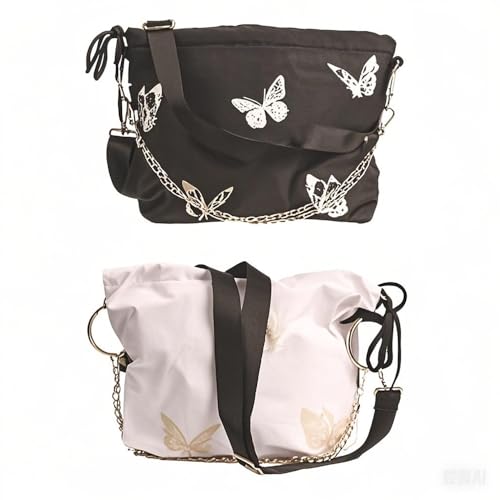 2PCS Butterfly Pattern Bucket Bags - Y2K Chain Crossbody Purses with Trendy Drawstring Shoulder Design