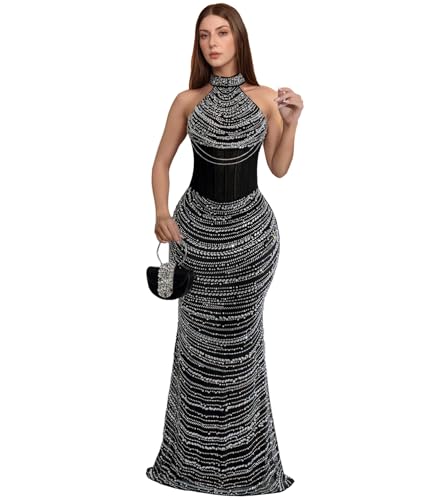 Image of PORRCEY Women's Sexy Elegant Rhinestone Bodycon Dress Hot Drilling Clubwear