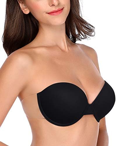 HANSCA Women’s Backless Strapless Push Up Bra Thick Padded Sticky Underwired Bras Self Adhesive(Black,C)