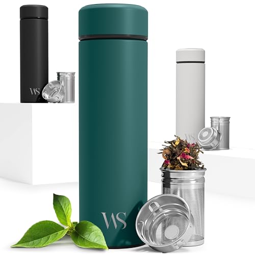 Bouteille d’eau isotherme à infusion thé & fruits + infuseur à fruit + passoire thé sans BPA | Thermos 450ml en acier inoxydable isolé sous vide |...