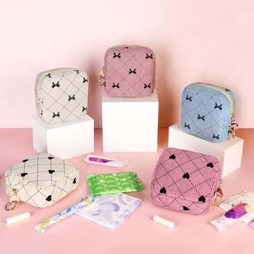 Image of Period Bag for Teen Girls, Corduroy Hearts Sanitary Napkin Storage Bag, Cute Menstrual Pad Pouch Tampon Holder for Purse (Hearts-Beige)