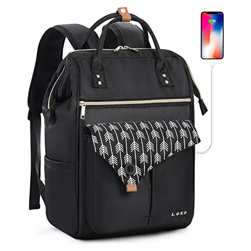 Lekespring Rucksack Damen 15.6 Zoll Laptop Rucksack Schultasche Arbeitstasche mit USB-Ladeanschluss und Anti Diebstahl Tasche,Schwarz