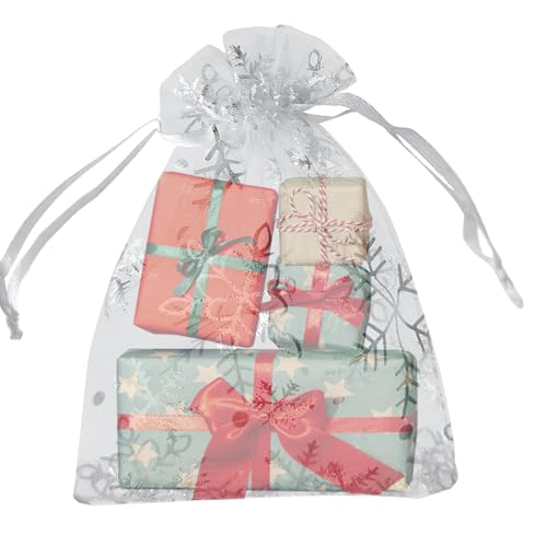 Image of YHJZ 50PCS Snowflake Organza Bags, 4x6 inches Small Christmas Gift Bags with Drawstring, Mesh Bags for Gift (Mixed Color)