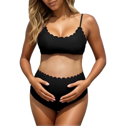 Ropa de maternidad para mujer, acanalado, bikini de embarazo, con cuello en V, traje de baño deportivo, suave, para playa, maternidad, maternidad, O negro., S