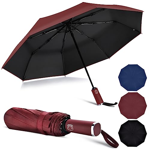 Vicloon Ombrello Pioggia Ombrello Pieghevole Automatico Anti-Tempesta, 10 Stecche Rinforzate Ombrello Antivento Resistente Leggero, Doppio Baldacchino Strato con Rivestimento in Teflon, Rosso Vino