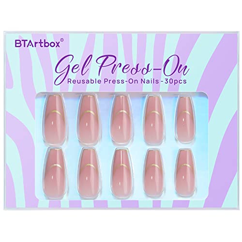 Press On Nails Medium - Btartbox 30 Pcs Coffin False Nails With Glue, Gold Outline French Tip Press On Nails, Fit Perfectly & Natural Reusable Soft Gel Nails With Nail Glue In 15 Sizes, Gilded French #TOP6