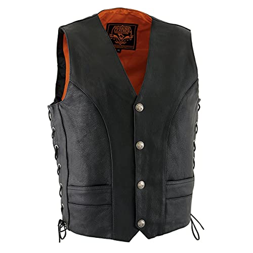 Milwaukee Leather ML1369 Men's Black Premium Leather Side Lace Motorcycle Rider Vest w/Buffalo Nickel Snaps Closure - 48