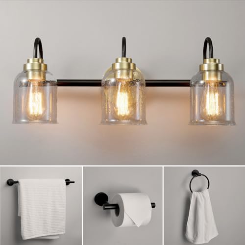Image of Globe Electric 4-Piece All-in-One Bathroom Set, Matte Black, 3-Light Vanity Light with Seeded Glass Shades and Matte Brass Accents, Towel Bar, Toilet Paper Holder, Towel Ring