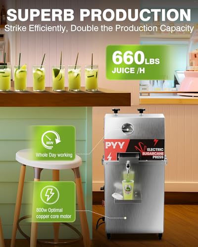 PYY Electric Sugarcane Juice Machine - 800W Sugar Cane Juicer with 660lbs/hr 28 RPM High Output, 3-Rollers Stainless Steel Sugarcane Machine Extractor Squeezer on Wheels for Home Commercial
