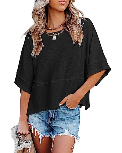 Women's Summer Casual Crewneck Batwing Half Sleeve T-Shirts Solid Color Loose Fit Cute Basic Flowy Tops Tees Blouses