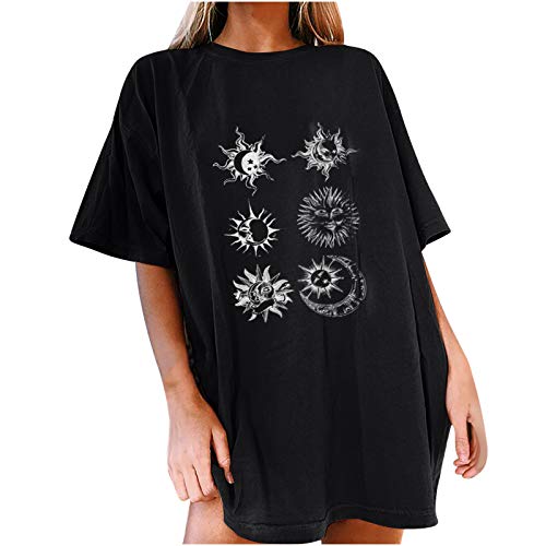Women s Vintage Crewneck Sweatshirts Graphic Shirts Sun Moon Star Funny Print Tee Short Sleeve Casual Loose Top (Black, XL)
