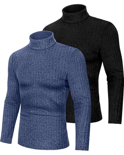 Riyiper 2 Pack Men's Ribbed Turtleneck Sweaters, Long Sleeve Pullover Tops Slim Fit Thermal Sweaters Base Layer Basic Jumper2