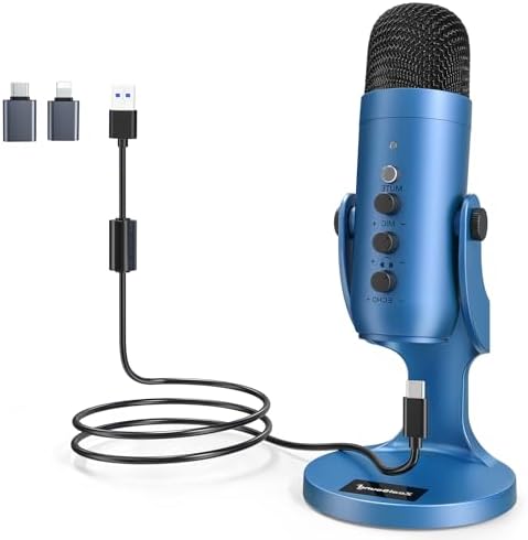 zealsound USB Microphone, Condenser Computer Mic, Plug & Play Gaming Microphone for Phone/PS4/PS5, Headphone Output, Volume Control, Mic Gain Control, Mute Button, YouTube Podcasting on Windows(Blue)