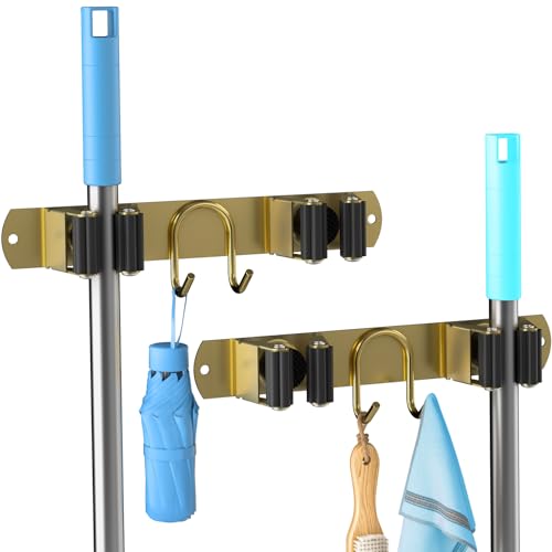 AURIKAR Broom Holder Wall Mount, 2-Pack Stainless Steel Mop and Broom Organizer, Broom Hanger with 2 Slots 2 Hooks for Home Kitchen, Garage, Garden and Laundry Room, Gold