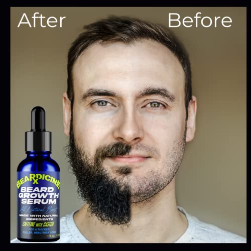 Beardicine Beard Growth Serum All Natural Boost Caffeine With Castor Oil – Thickening And Conditioning Beard Oil - All Natural Beard Oil Promotes Facial Hair Growth For Men #TOP2