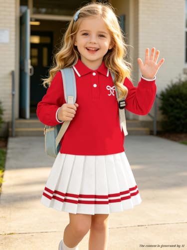 Image of Betusline Girls Long Sleeve Polo Skirt Set Kids Preppy Uniform Outfit,4-14Y