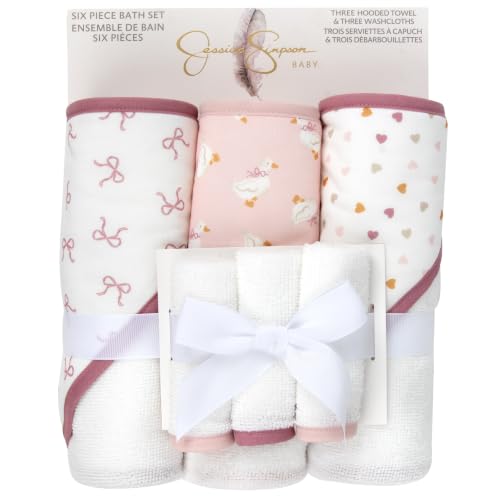 Image of Jessica Simpson Baby 6-Piece Hooded Towel & Washcloth Set - Soft Polyester Hooded Towels + Matching Washcloths (Pink Bows & Hearts)