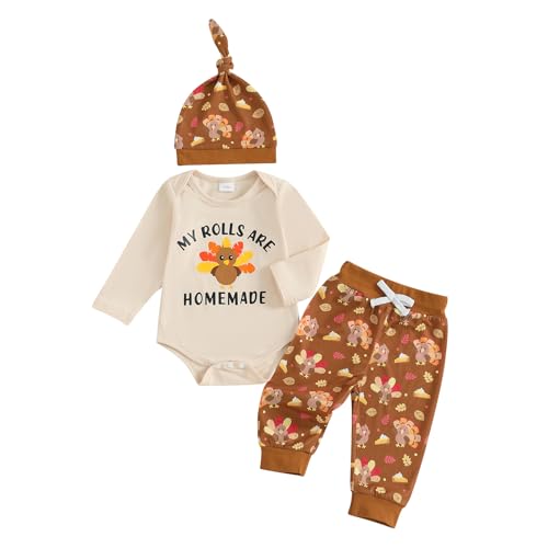 Image of My 1st Thanksgiving Baby Boy Outfit Turkey Print Long Sleeve Romper Elastic Waist Pants Hat Set 3 Piece Fall Clothes