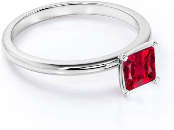 925 Sterling Silver Solitaire Ruby 1 Carat Princess Cut Lab-Created Ruby and Diamond Plain Band Engagement Ring in White Gold - Mother's Day, Birthday - Personalize Name Engraving Gifts for Her