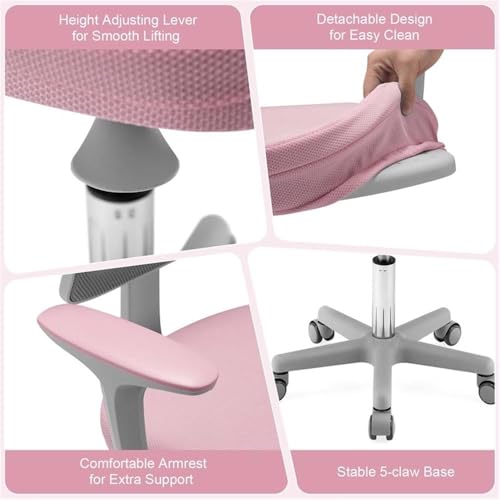 Image of Pemberly Row Kids Study Chair, Adjustable Height 31.5-36 in, Pink Mesh Backrest, Removable Cushioned Seat, Ergonomic Design, Lumbar Support, Auto Brake Casters, 360 Swivel for Study or Playroom Use