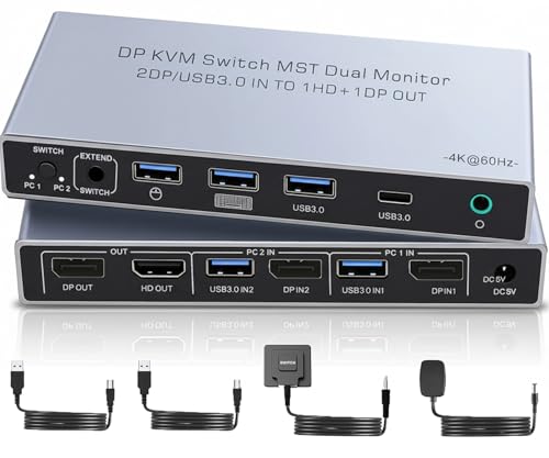 Displayport KVM Switch 2 Monitors 2 Computers 4K 60Hz HDMI+DP Dual Monitor 4 USB3.0 KVM Switcher 2DP in HDMI+DisplayPort Out KVM Switcher for 2 PC Sharing Keyboard Mouse Printer Mic and Audio Output