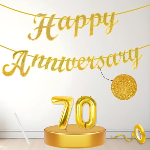 Image of Flyloons 70th Happy Anniversary Banner Gold Decorations Kit for Men Women Wedding Anniversary Banner Items without Balloons