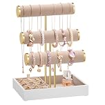 SONGMICS Bracelet Holder Stand, Jewellery Display Stand, Jewellery Organiser, with 3 Tiers and Velvet Tray, Removable Ring Holder, Cloud White and Camel Brown JJS027A01