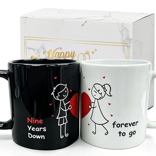 Product Image of the 9 Year Anniversary Coffee Mugs Set of 2, 9th Wedding Anniversary Cups for Couple, Nine Years Down Forever To Go Matching Cups for Husband Wife, Anniversary Romantic Gifts for Him Her,Parents, Soulmate