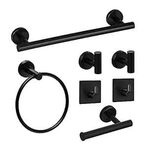 Bathroom Hardware Set Black, 7 Pieces Stainless Steel Bathroom Accessory Towel Bar Set Includes 16 inch Hand Towel Rack, Toilet Paper Holder, Towel Ring, 4 Packs Towel Hook, Heavy Duty